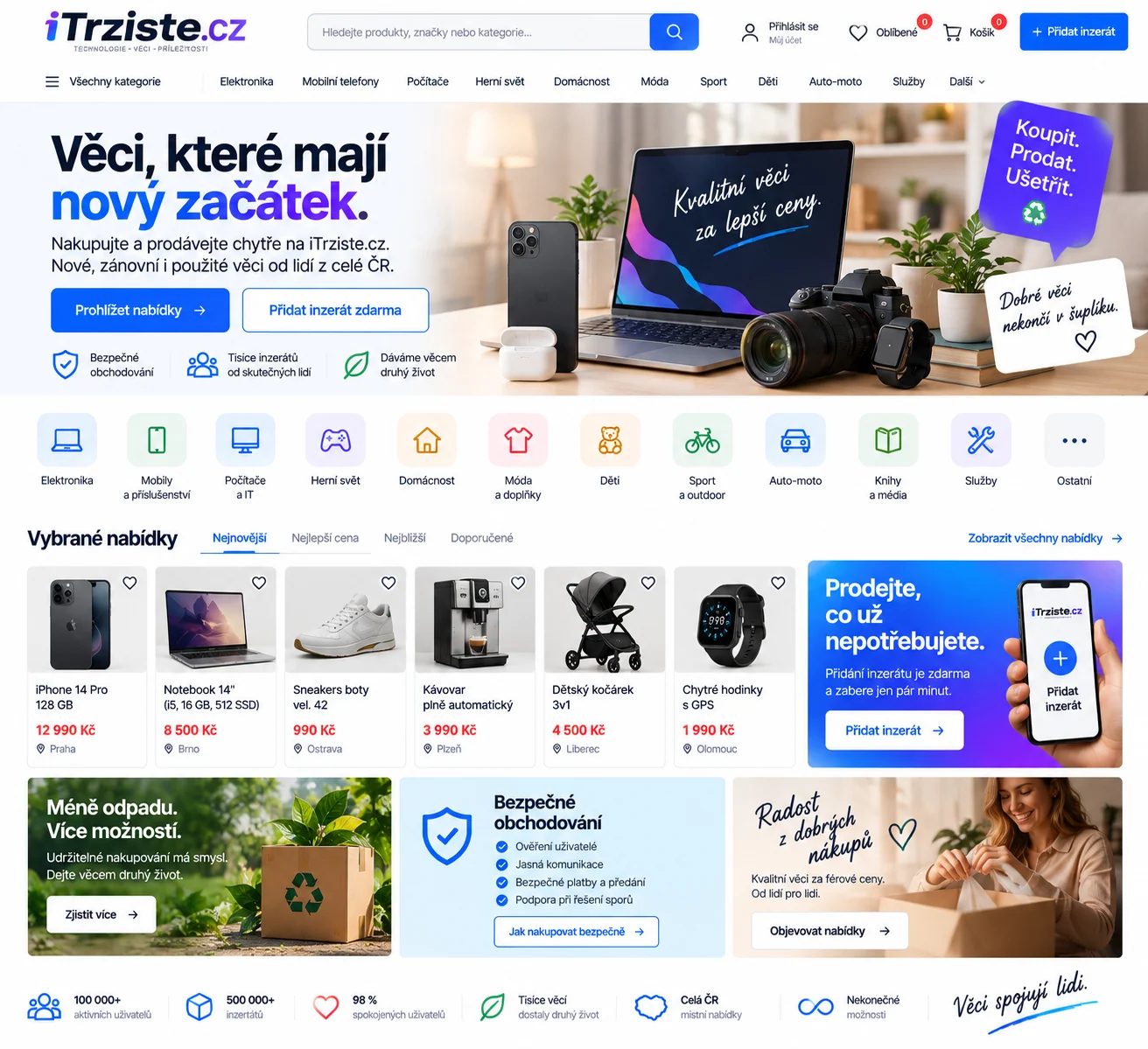 Ilustrační návrh online tržiště iTrziste.cz s modrými prvky a produktovými nabídkami